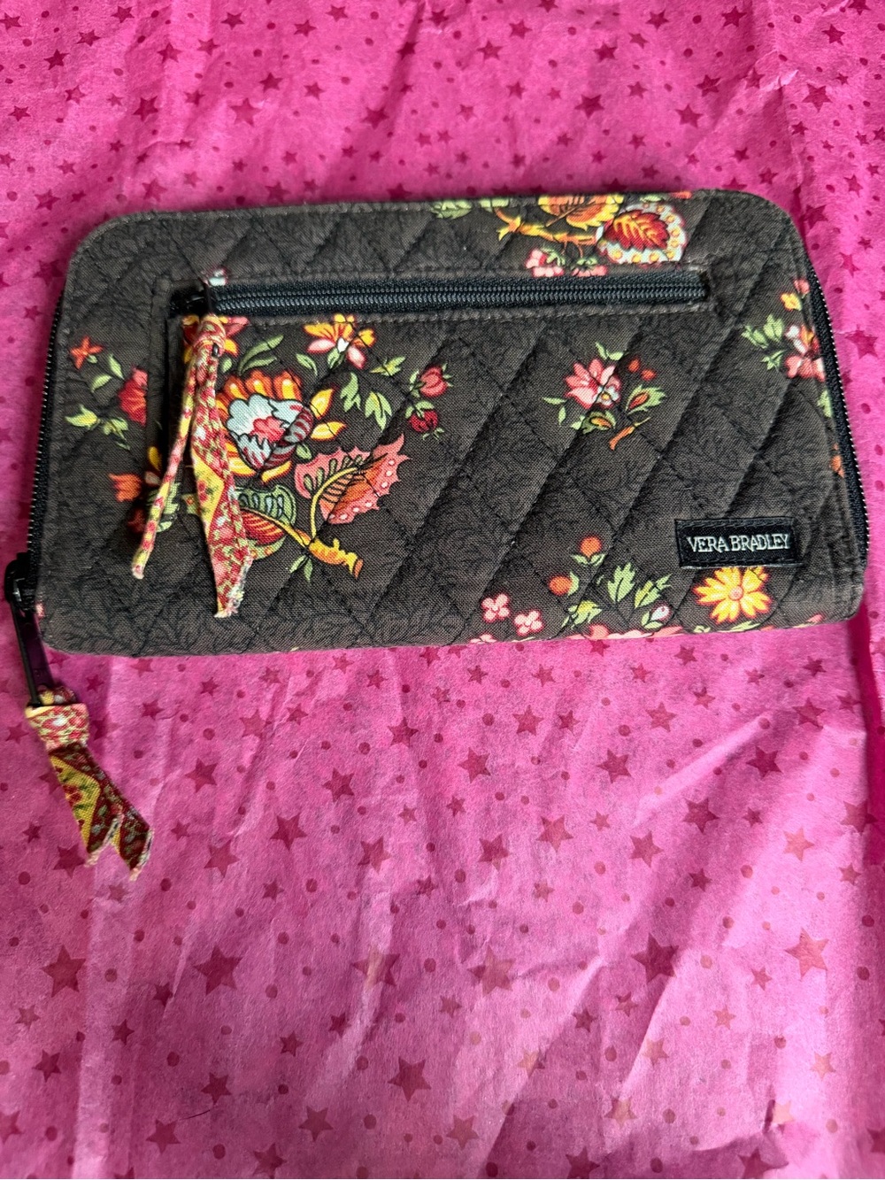 Vera Bradley Brown Quilted Floral Zip Wallet with Multicolor Accents